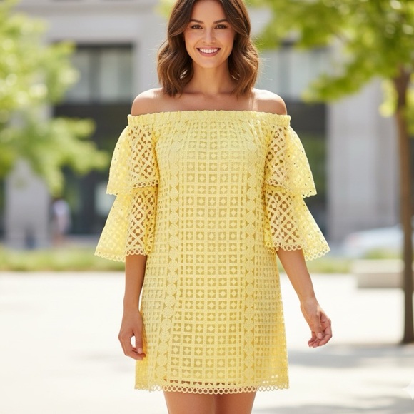 NWT Just Me Yellow Off-the-Shoulder Mini Dress with Ruffled Sleeves, small - Picture 1 of 10